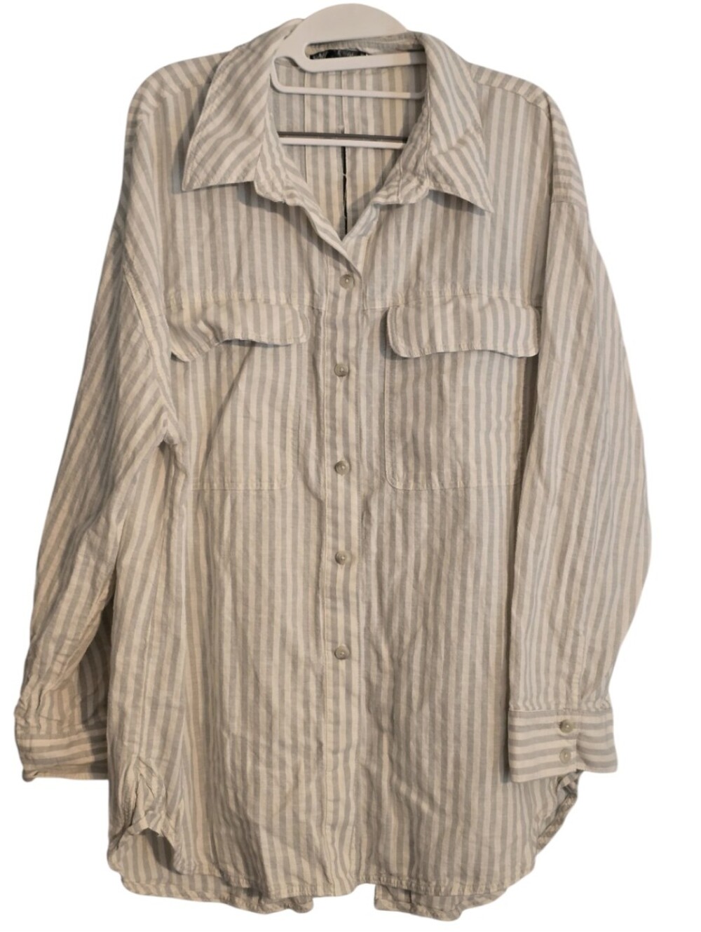 Zara Oversized Striped Linen Open Tie Back Button Up Size Large In EUC